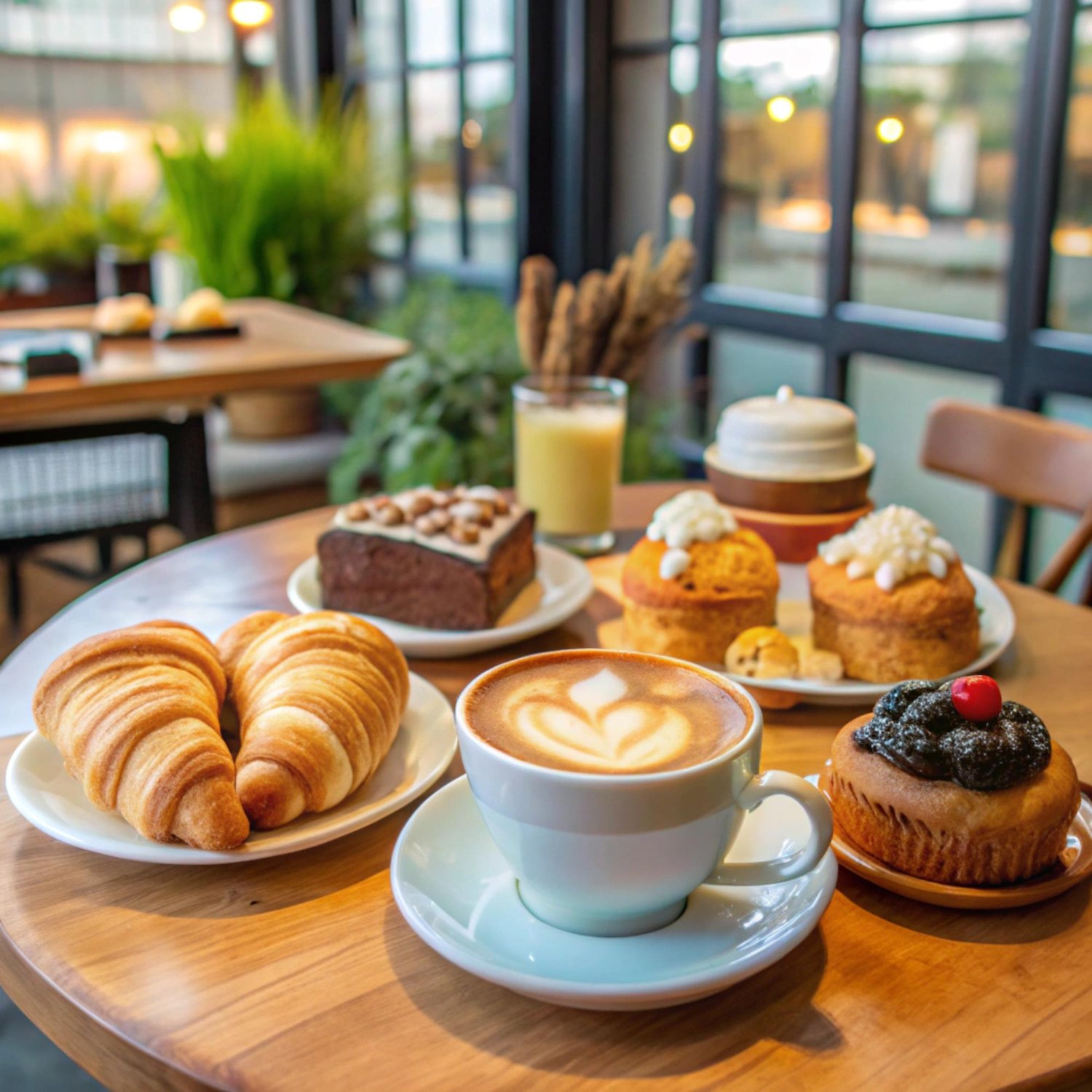 Fresh croissants, pastries, and coffee served on a café table