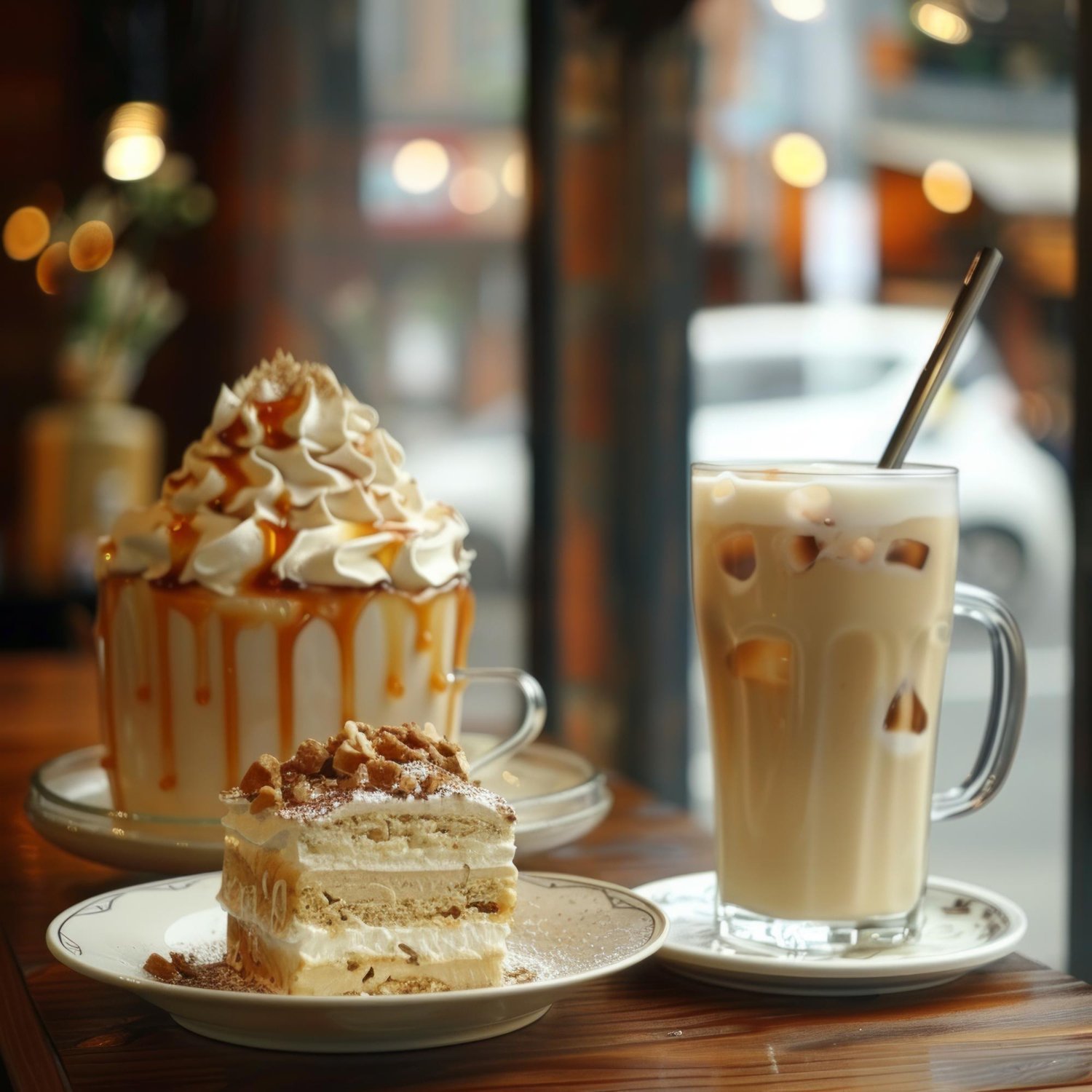 Caramel dessert drink with whipped cream, iced latte, and layered cake