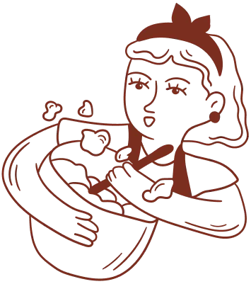 Illustrated female baker holding a tray of baked goods on a transparent background