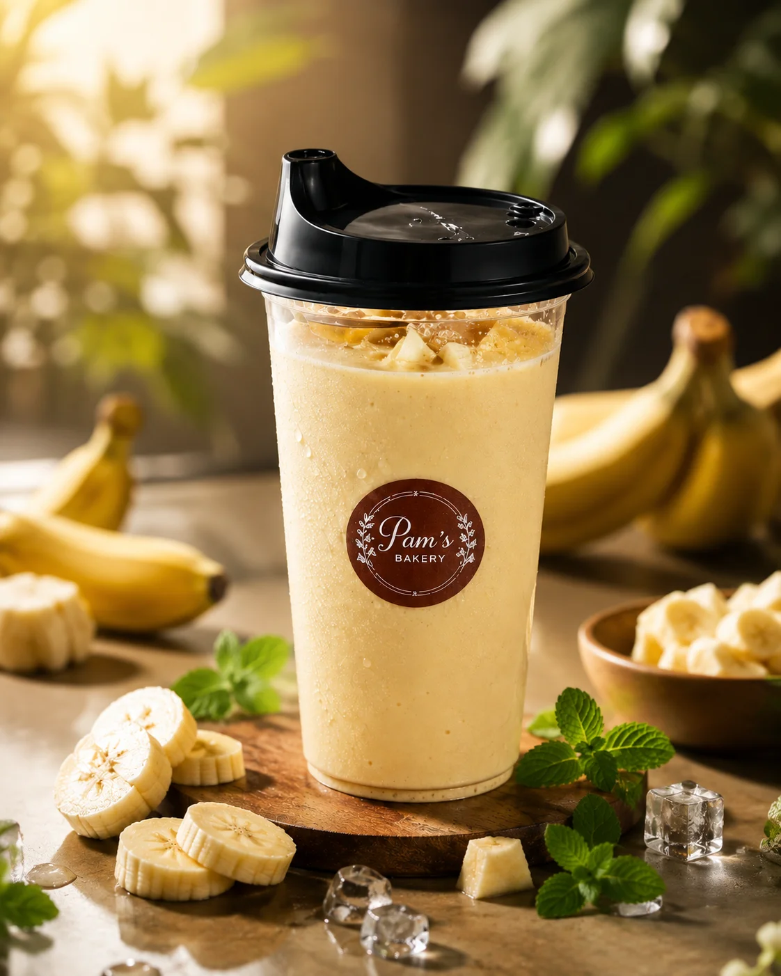 Banana shake served in a Pam’s Bakery takeaway cup with sliced bananas and fresh mint