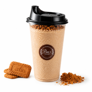 Pam's Bakery Biscoff shake topped with crushed Biscoff biscuits and served with Biscoff cookies