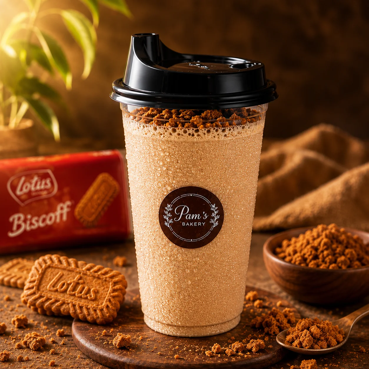 Biscoff shake served in a Pam’s Bakery takeaway cup with Biscoff biscuits and cookie crumbs