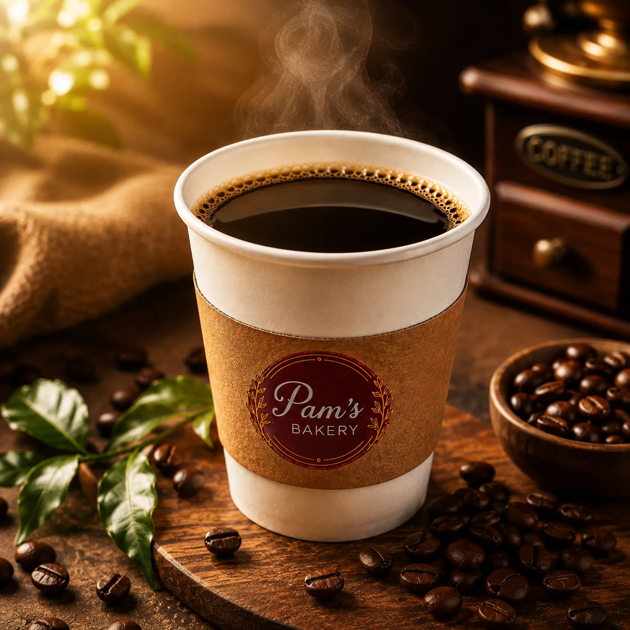 Black coffee served in a Pam’s Bakery cup with roasted coffee beans