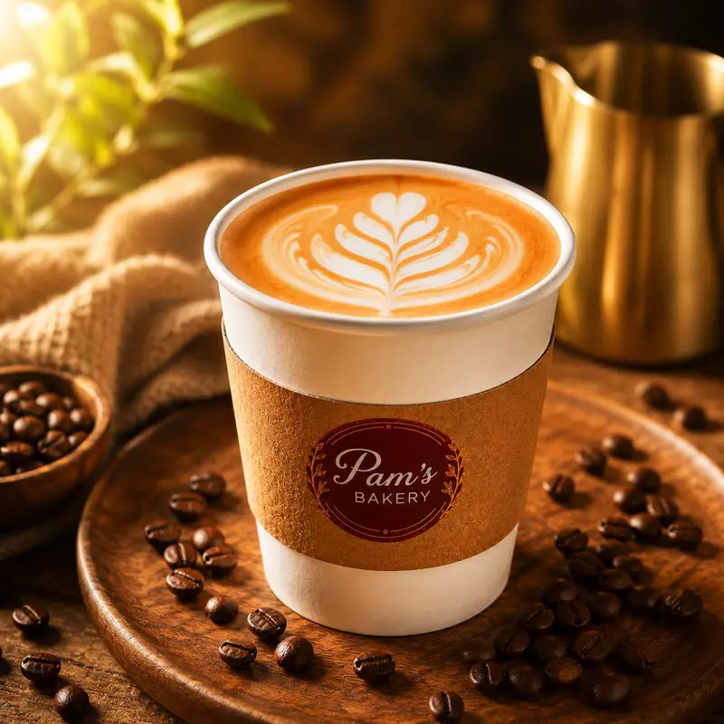 Café latte with heart-shaped latte art served in a Pam’s Bakery cup