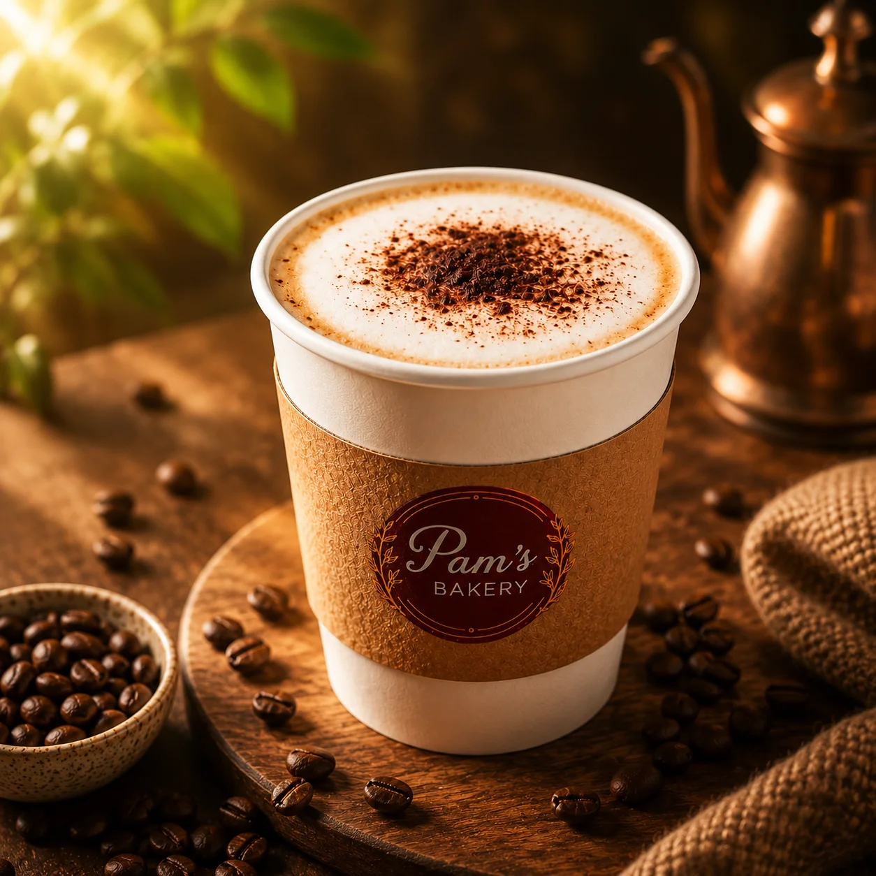 Cappuccino served in a Pam’s Bakery cup with coffee beans and frothy milk
