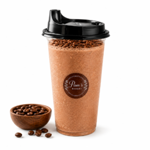 Pam's Bakery coffee frappe served with roasted coffee beans