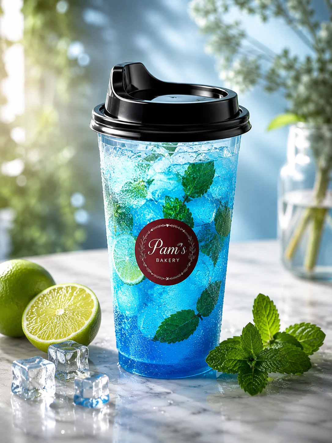 Blue mint lime cooler served in a Pam’s Bakery takeaway cup with ice and fresh mint