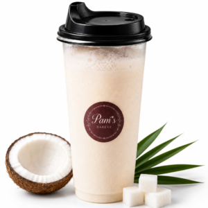 Pam’s Bakery coconut refresher with fresh coconut and sugar cubes