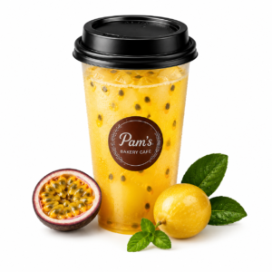 Mango passion fruit cooler with fresh passion fruit, lemon and mint