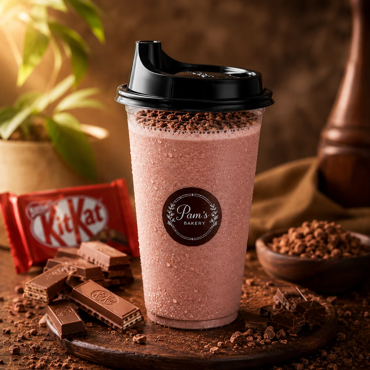 KitKat shake served in a Pam’s Bakery takeaway cup with KitKat chocolate pieces and crumbs