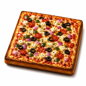 Mediterranean Delight Pizza topped with feta cheese, black olives, tomatoes, green peppers and red onions