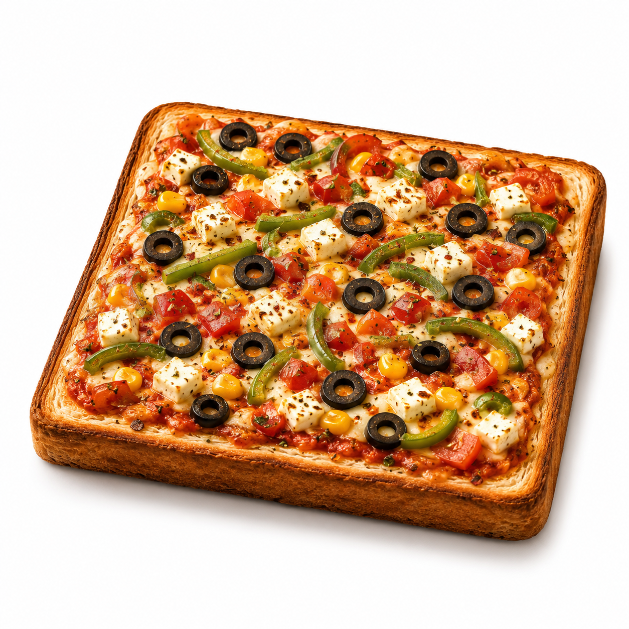 Mediterranean delight pizza with paneer, olives, capsicum, tomato and sweet corn