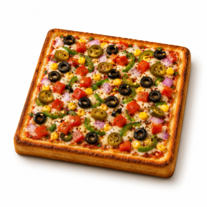 Mexican Fiesta Pizza topped with jalapeños, black olives, corn, bell peppers, onions and tomatoes