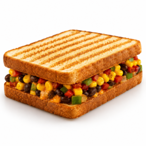 Mexican veggie sandwich with grilled bread, corn, black beans and vegetables