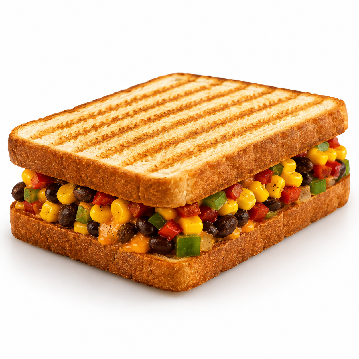 Mexican veggie sandwich with grilled bread, corn, black beans, bell peppers and cheese