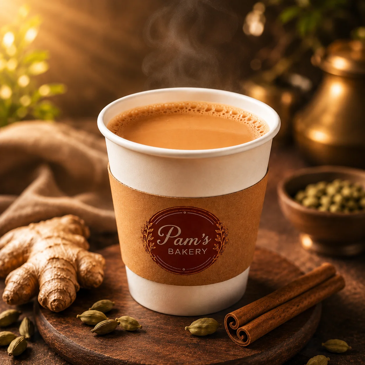 Masala chai served in a Pam’s Bakery cup with ginger, cardamom and cinnamon