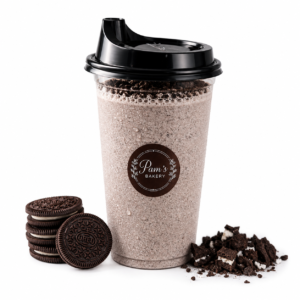 Oreo shake in a branded Pam’s Bakery takeaway cup with Oreo cookies and crushed cookie pieces.