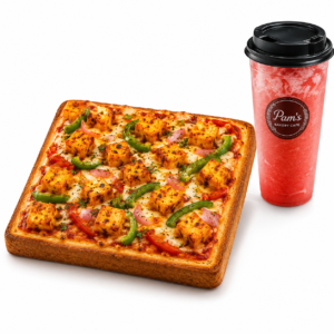 Paneer Tikka Pizza with a refreshing red cooler from Pam’s Bakery Café
