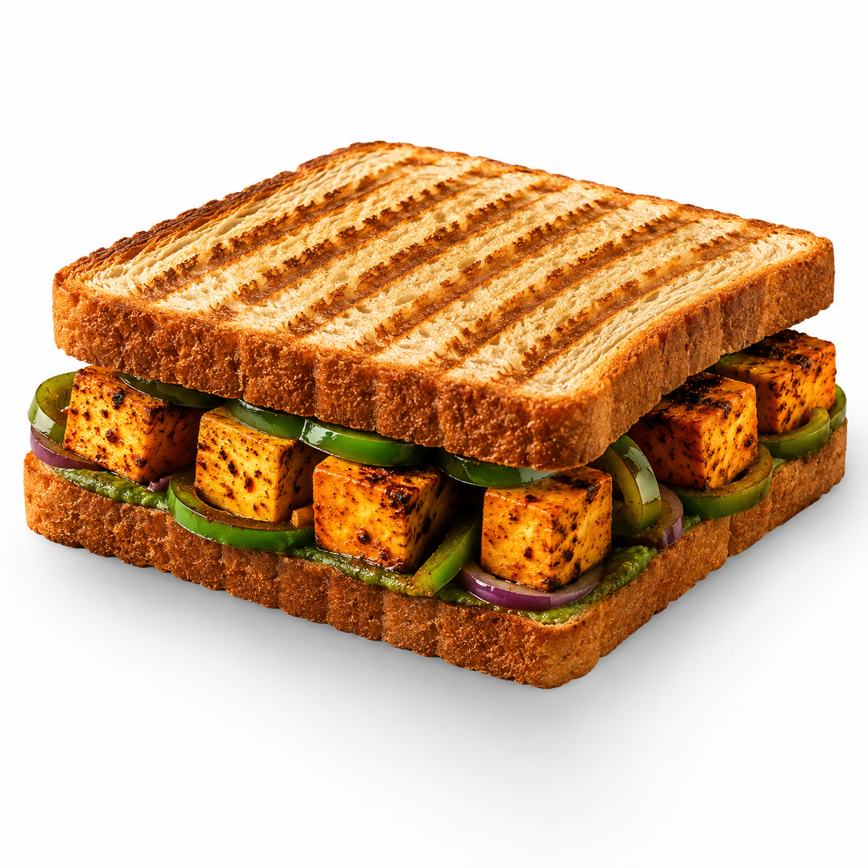 Paneer tikka sandwich with grilled bread, paneer tikka, capsicum and onions