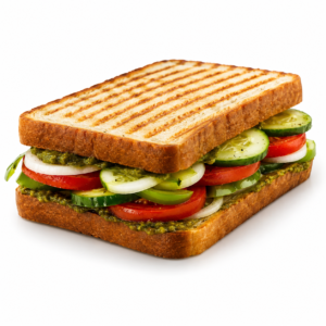 Veggie delight sandwich with grilled bread, cucumber, tomato and onion